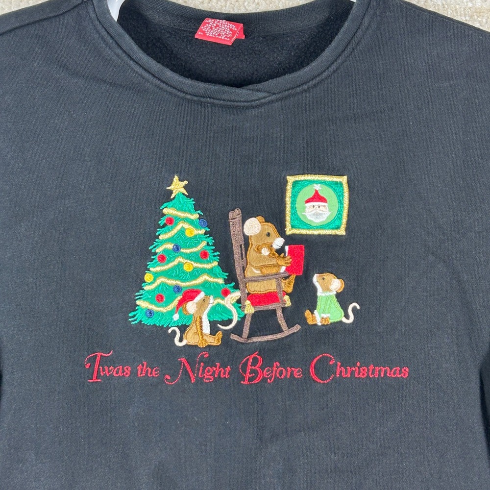 Merry & Bright Womens Grandmacore Christmas Sweatshirt L Black Mouse Embroidered